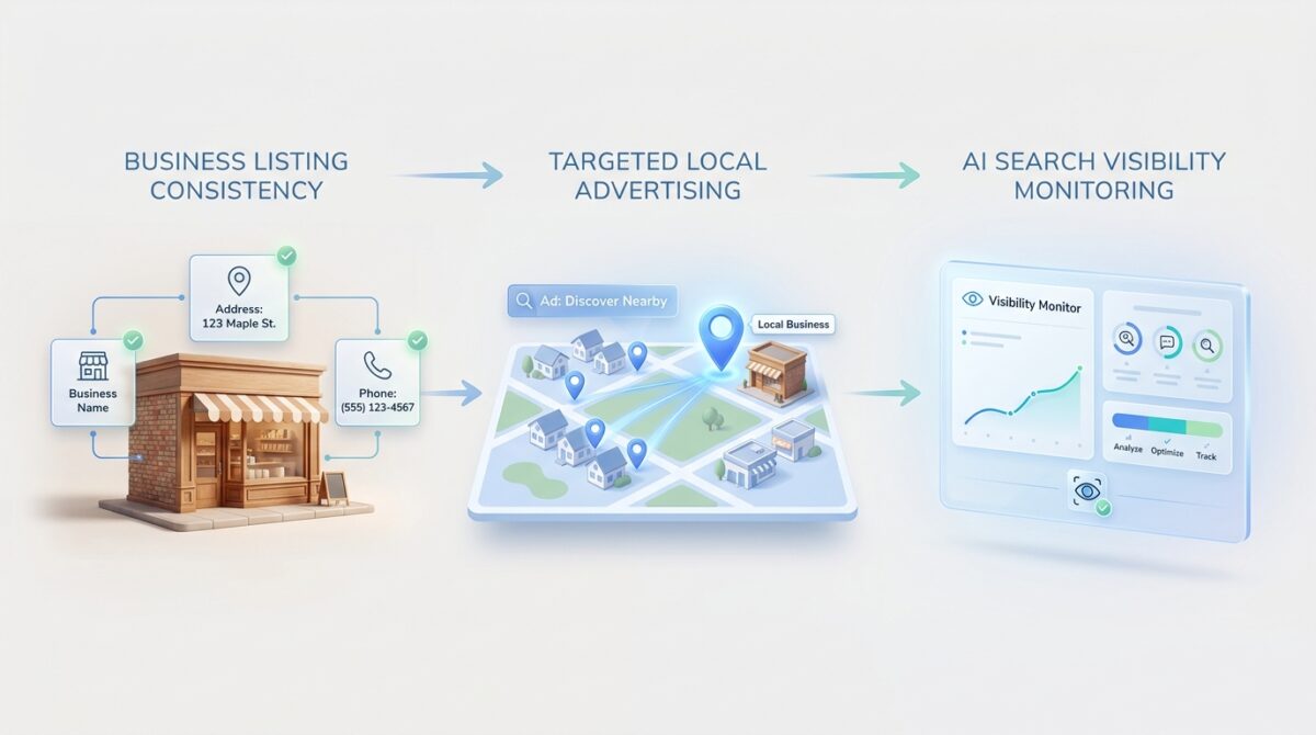 Three-step local SEO workflow showing consistent business listings, local advertising, and AI search visibility monitoring